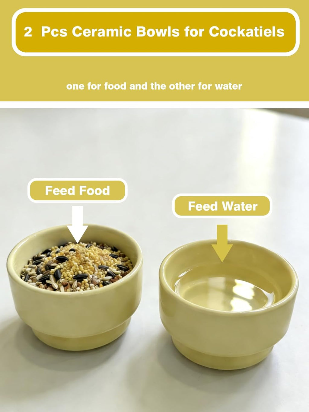 2PCS Ceramic Bird Cage Food Bowls Hanging Parrot Water Bowl Parakeet Feeding Dish Cups Lovebirds Cage Feeder for Budgie Finches Macaw Cockatiels (Yellow)