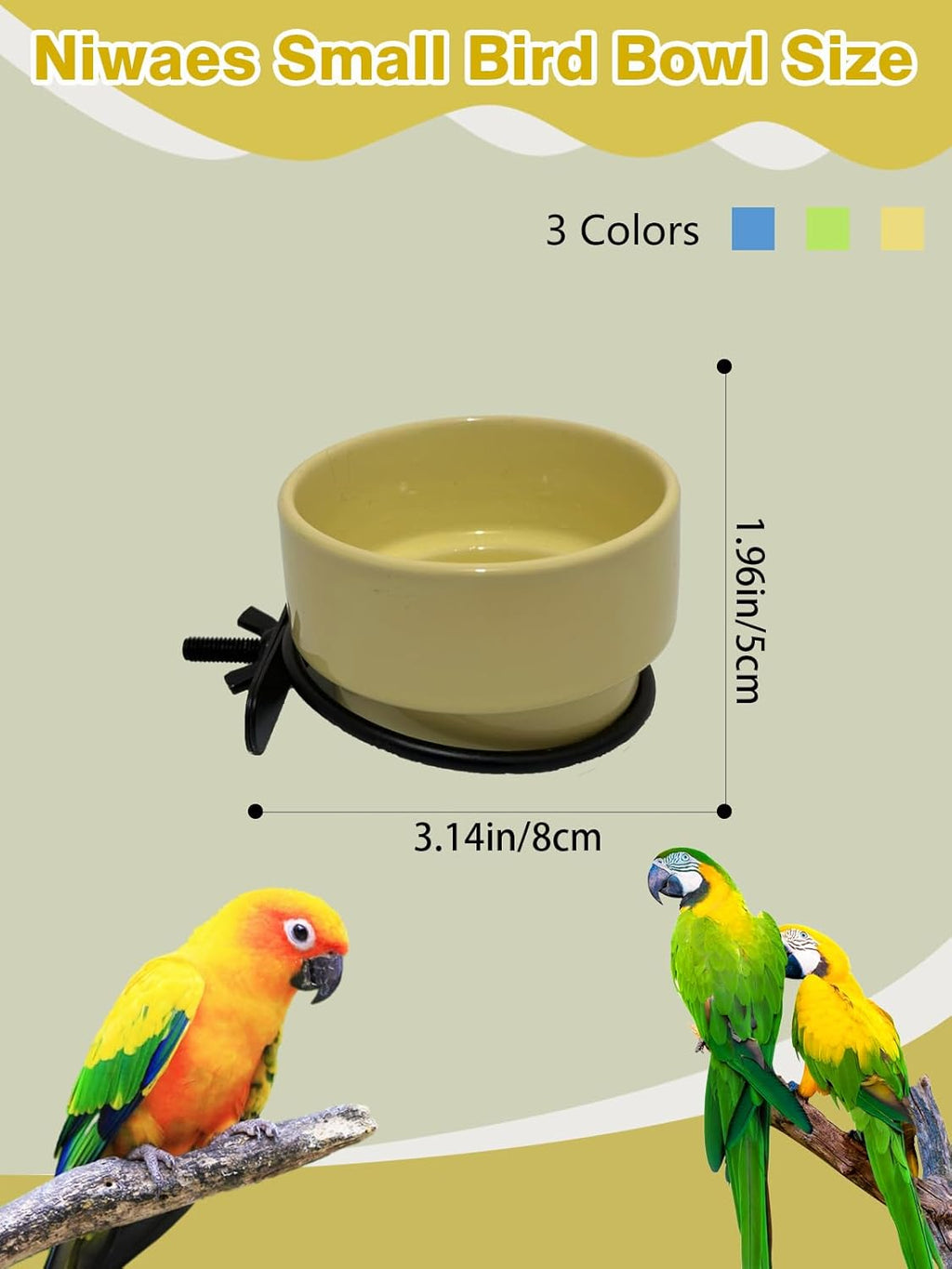 2PCS Ceramic Bird Cage Food Bowls Hanging Parrot Water Bowl Parakeet Feeding Dish Cups Lovebirds Cage Feeder for Budgie Finches Macaw Cockatiels (Yellow)