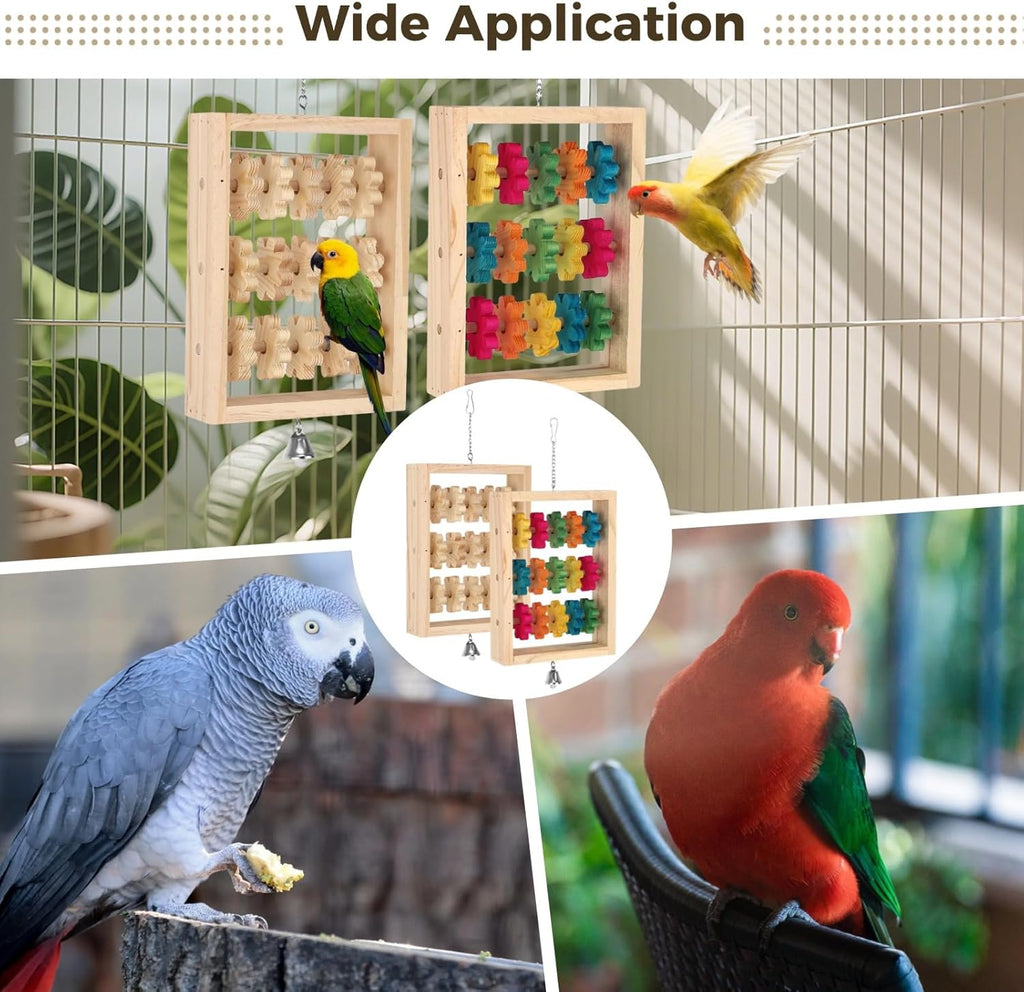 2 PCS Wooden Bird Toys, Colorful Hanging Parrot Chew Puzzle with Rotating Blocks and Bell, Natural Wood Enrichment Training Toy for Budgie Conure Lovebird Cockatoo African Grey Macaw