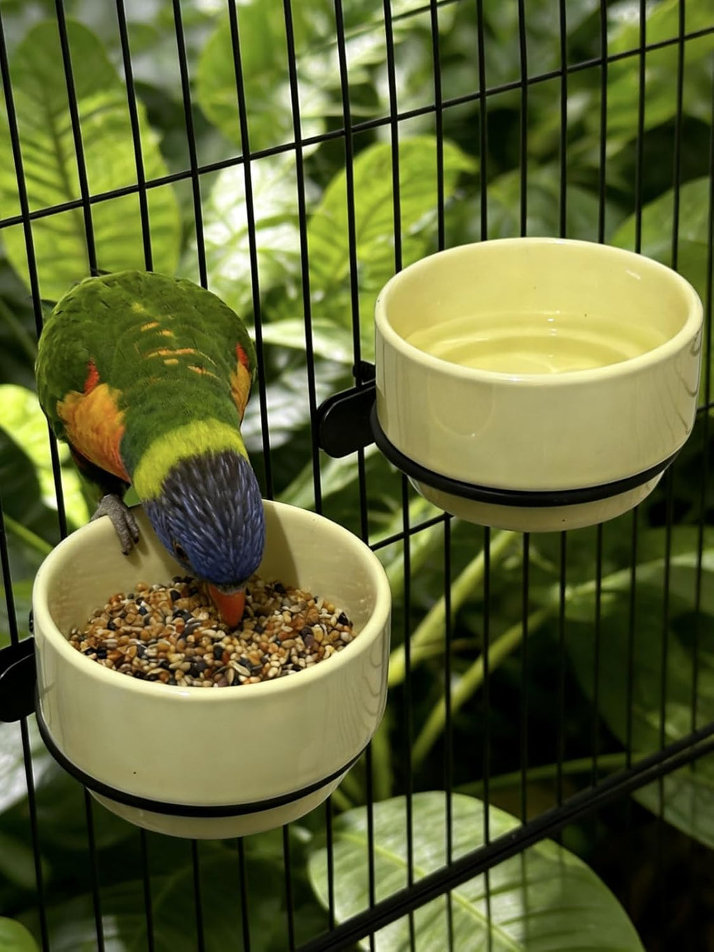 2PCS Ceramic Bird Cage Food Bowls Hanging Parrot Water Bowl Parakeet Feeding Dish Cups Lovebirds Cage Feeder for Budgie Finches Macaw Cockatiels (Yellow)