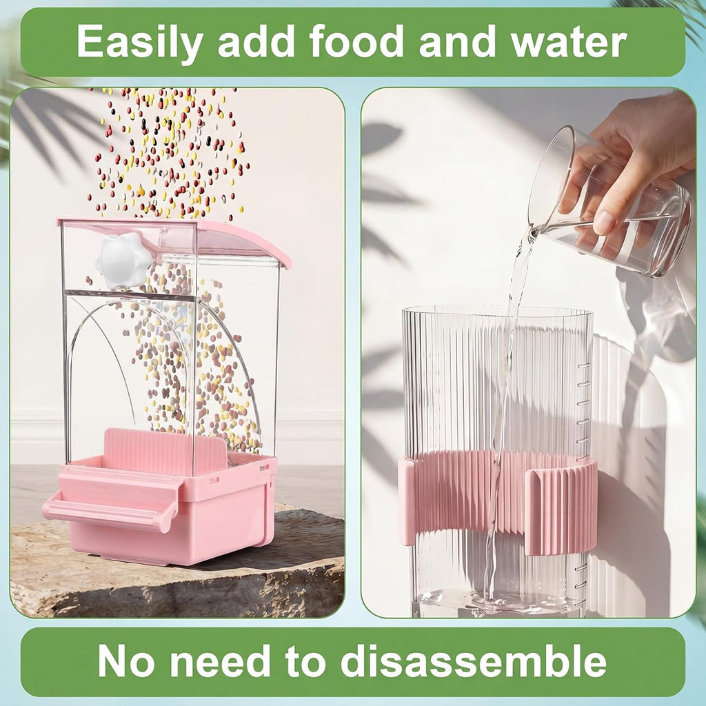 Novabright No Mess Bird Feeder Water Dispenser Set, Automatic Transparent Bird Food Container and 12 oz Automatic Water Feeder for Small Birds Parrot, Cockatoo, Canary, Cage, Lovebird, Budgies (Pink)