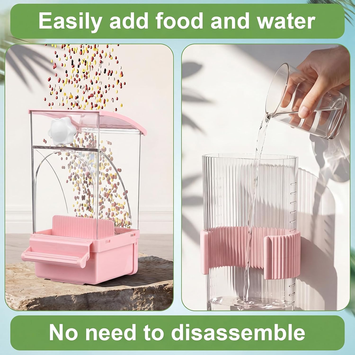 Novabright No Mess Bird Feeder Water Dispenser Set, Automatic Transparent Bird Food Container and 12 oz Automatic Water Feeder for Small Birds Parrot, Cockatoo, Canary, Cage, Lovebird, Budgies (Pink)