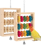 2 PCS Wooden Bird Toys, Colorful Hanging Parrot Chew Puzzle with Rotating Blocks and Bell, Natural Wood Enrichment Training Toy for Budgie Conure Lovebird Cockatoo African Grey Macaw