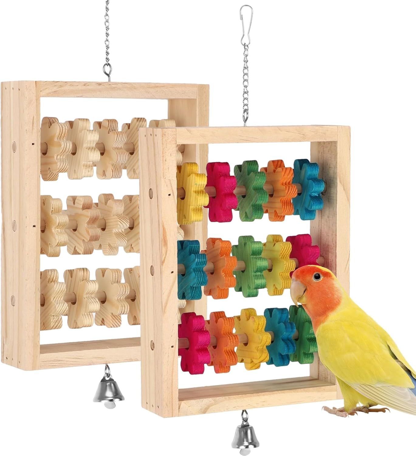 2 PCS Wooden Bird Toys, Colorful Hanging Parrot Chew Puzzle with Rotating Blocks and Bell, Natural Wood Enrichment Training Toy for Budgie Conure Lovebird Cockatoo African Grey Macaw