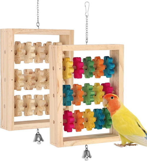 2 PCS Wooden Bird Toys, Colorful Hanging Parrot Chew Puzzle with Rotating Blocks and Bell, Natural Wood Enrichment Training Toy for Budgie Conure Lovebird Cockatoo African Grey Macaw