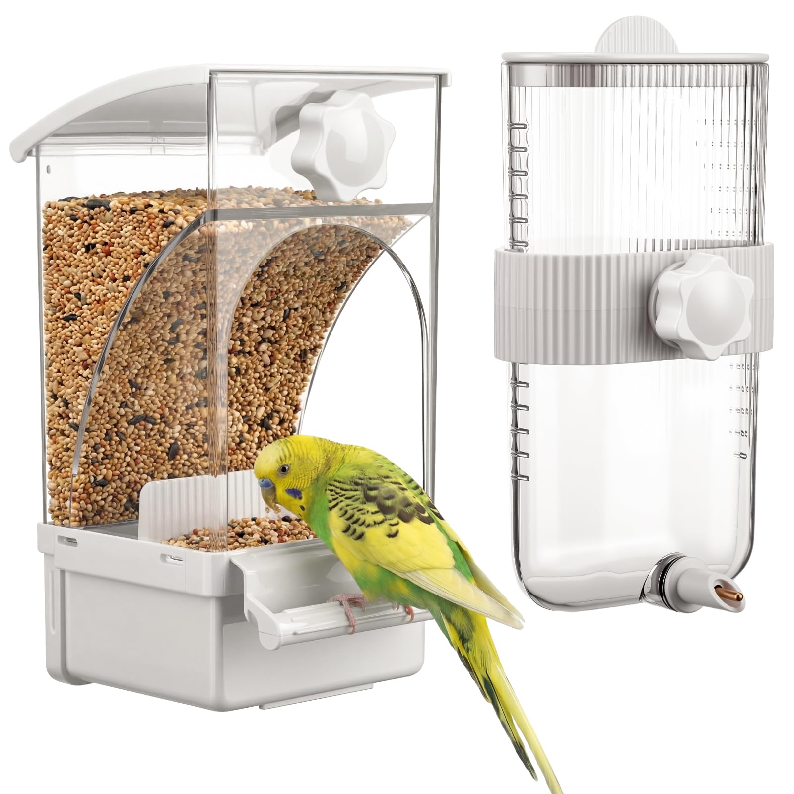 Novabright No Mess Bird Feeder Water Dispenser Set, Automatic Transparent Bird Food Container and 12 oz Automatic Water Feeder for Small Birds Parrot, Cockatoo, Canary, Cage, Lovebird, Budgies (Pink)