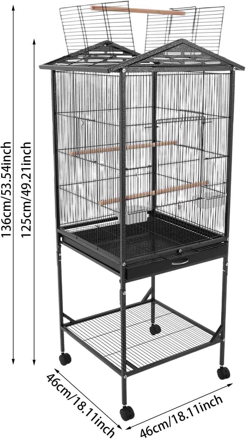 Extra Large Bird Cage, 54Inch Wrought Iron Bird Cage 360° Full Hollow Design with Universal Wheels for Parakeets Canaries Cockatiels Lovebirds 18.11×18.11×49.21 Inch (Black)
