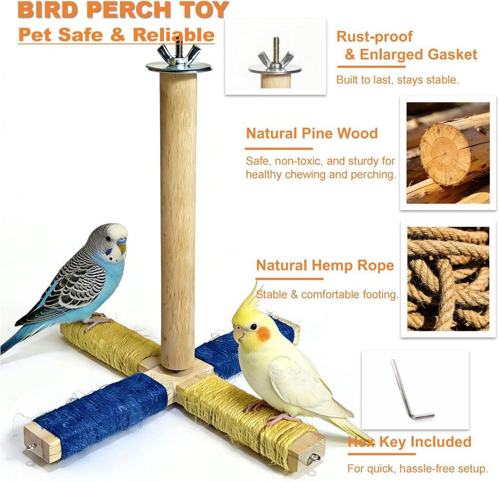 360° Rotating Bird Perch Stand - 4 Perches + 5 Colorful Chew Strand, Natural Bird Cage Accessories, for Small & Medium Birds Parakeets Cockatiels Lovebirds Budgies