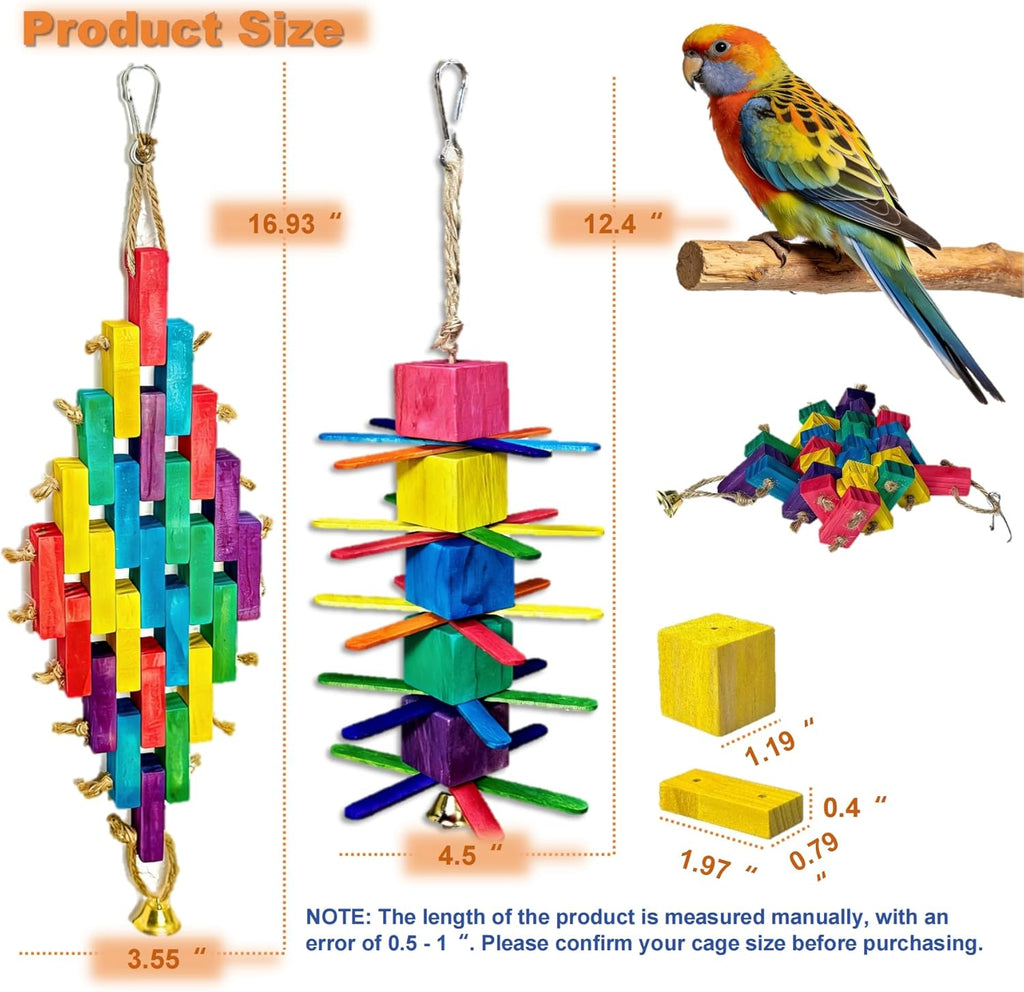 2Pcs Parrot Toys - Natural Wooden Blocks Bird Chewing Toys, Colorful Bird Cage Accessories for Parakeets Cockatiels Lovebirds Conures