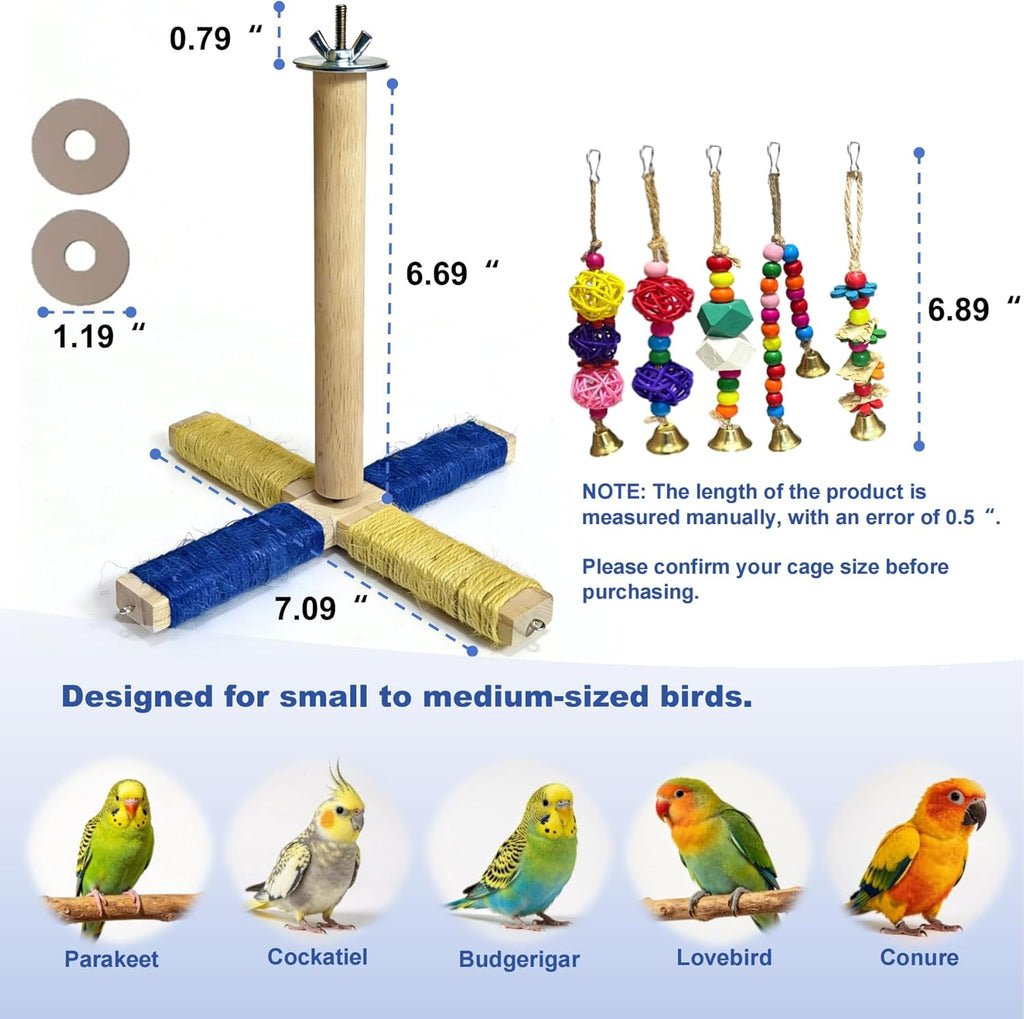 360° Rotating Bird Perch Stand - 4 Perches + 5 Colorful Chew Strand, Natural Bird Cage Accessories, for Small & Medium Birds Parakeets Cockatiels Lovebirds Budgies