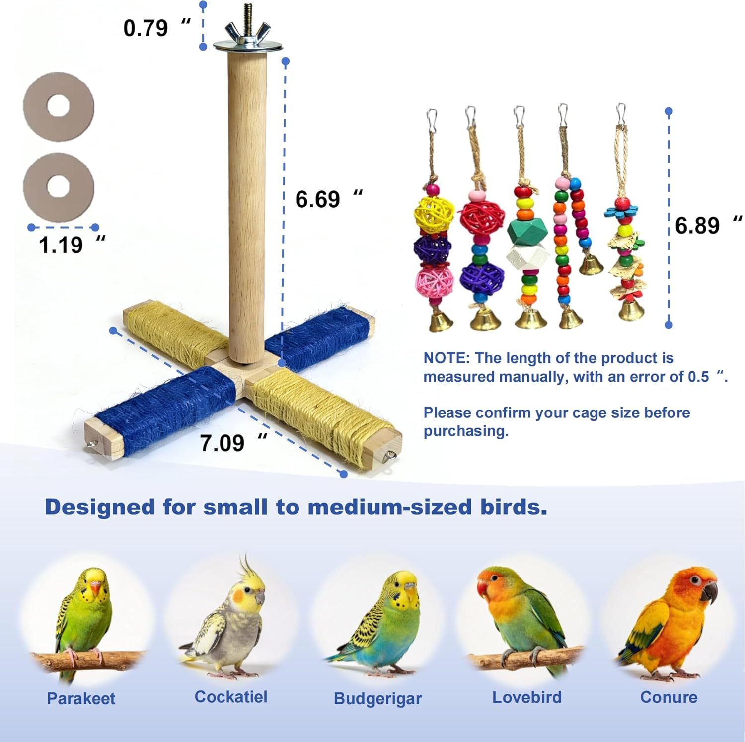 360° Rotating Bird Perch Stand - 4 Perches + 5 Colorful Chew Strand, Natural Bird Cage Accessories, for Small & Medium Birds Parakeets Cockatiels Lovebirds Budgies