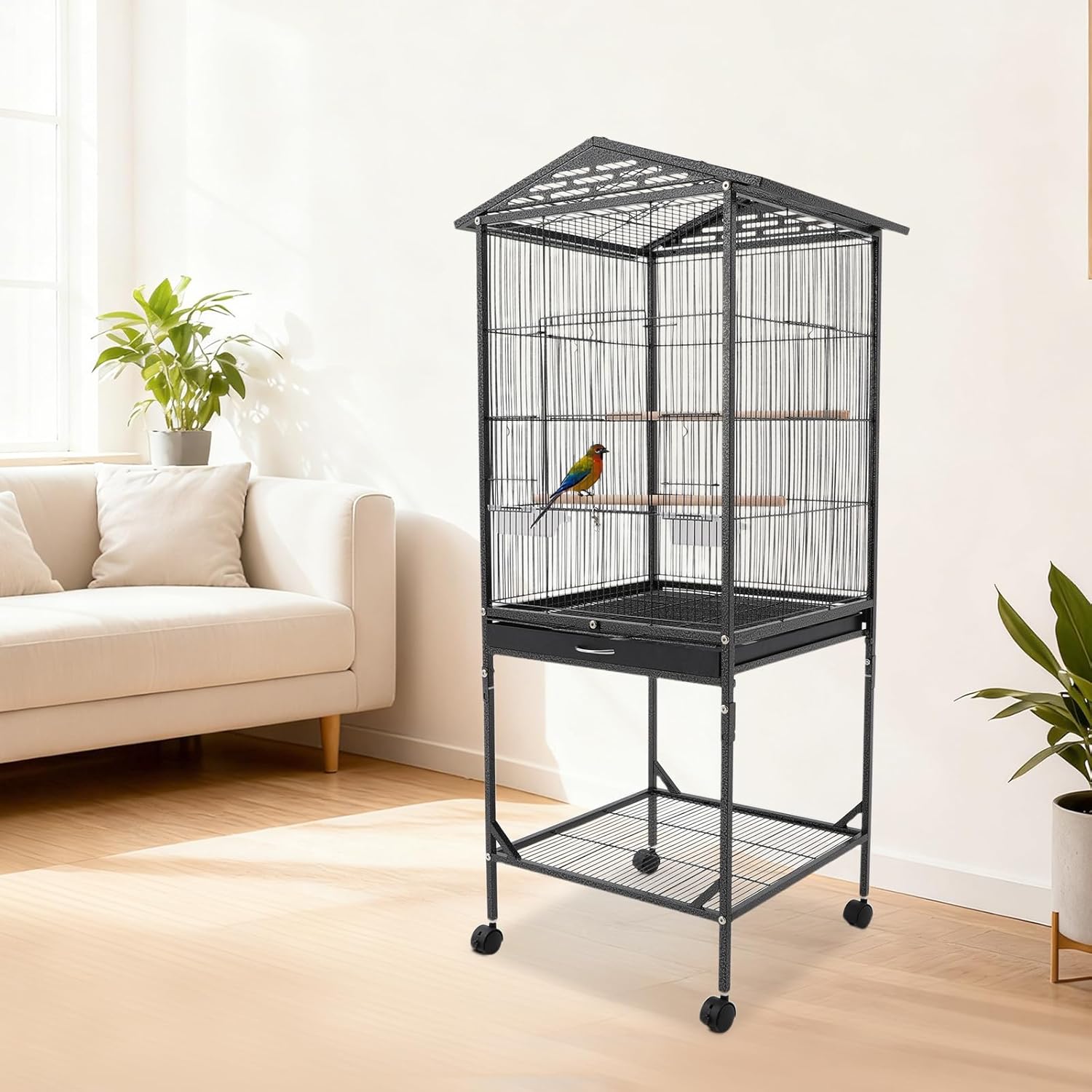 Extra Large Bird Cage, 54Inch Wrought Iron Bird Cage 360° Full Hollow Design with Universal Wheels for Parakeets Canaries Cockatiels Lovebirds 18.11×18.11×49.21 Inch (Black)