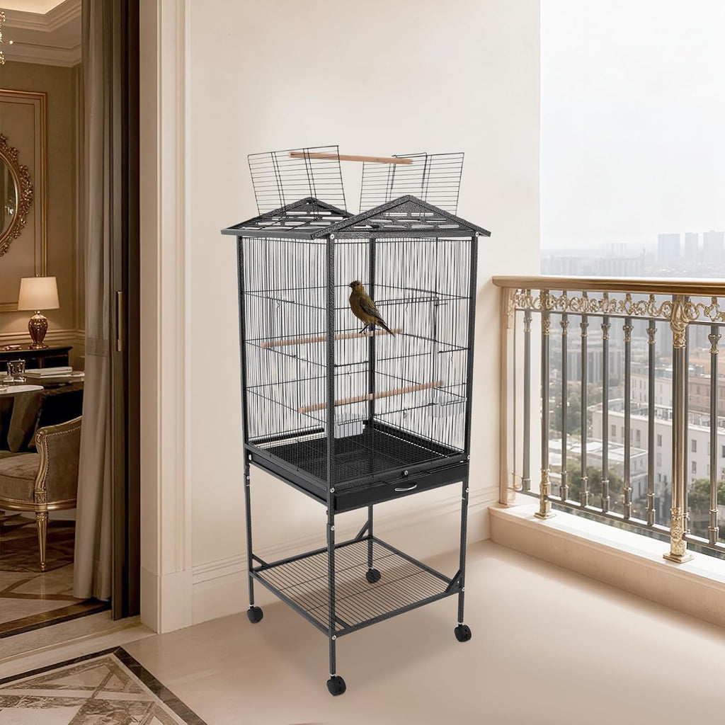 Extra Large Bird Cage, 54Inch Wrought Iron Bird Cage 360° Full Hollow Design with Universal Wheels for Parakeets Canaries Cockatiels Lovebirds 18.11×18.11×49.21 Inch (Black)