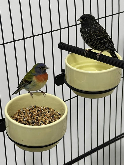 2PCS Ceramic Bird Cage Food Bowls Hanging Parrot Water Bowl Parakeet Feeding Dish Cups Lovebirds Cage Feeder for Budgie Finches Macaw Cockatiels (Yellow)