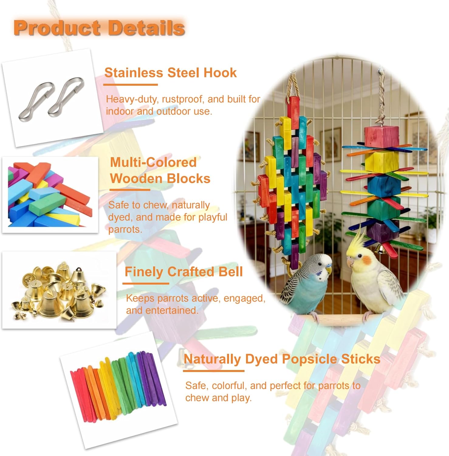 2Pcs Parrot Toys - Natural Wooden Blocks Bird Chewing Toys, Colorful Bird Cage Accessories for Parakeets Cockatiels Lovebirds Conures