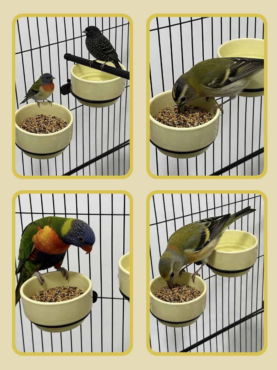 2PCS Ceramic Bird Cage Food Bowls Hanging Parrot Water Bowl Parakeet Feeding Dish Cups Lovebirds Cage Feeder for Budgie Finches Macaw Cockatiels (Yellow)