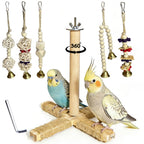 360° Rotating Bird Perch Stand - 4 Perches + 5 Colorful Chew Strand, Natural Bird Cage Accessories, for Small & Medium Birds Parakeets Cockatiels Lovebirds Budgies