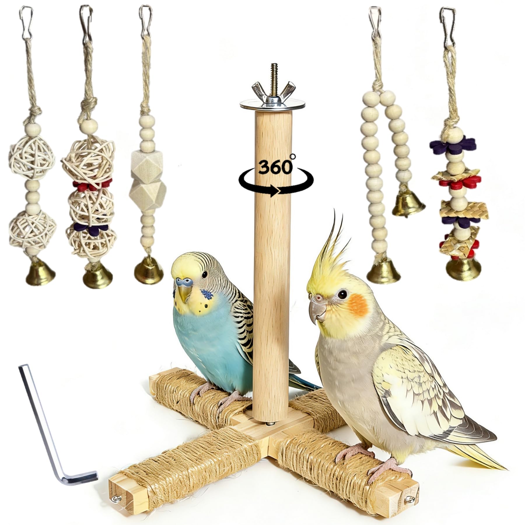 360° Rotating Bird Perch Stand - 4 Perches + 5 Colorful Chew Strand, Natural Bird Cage Accessories, for Small & Medium Birds Parakeets Cockatiels Lovebirds Budgies