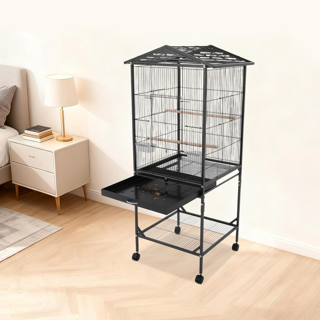 Extra Large Bird Cage, 54Inch Wrought Iron Bird Cage 360° Full Hollow Design with Universal Wheels for Parakeets Canaries Cockatiels Lovebirds 18.11×18.11×49.21 Inch (Black)