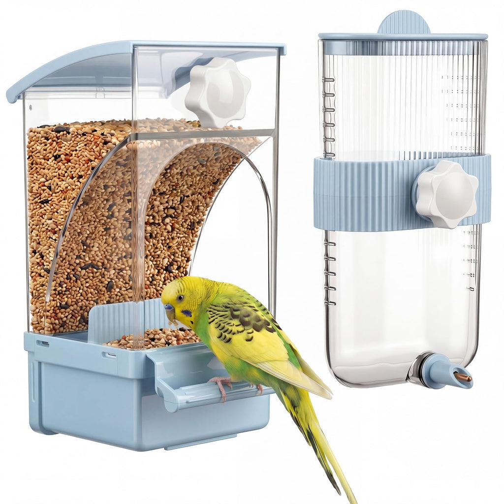 Novabright No Mess Bird Feeder Water Dispenser Set, Automatic Transparent Bird Food Container and 12 oz Automatic Water Feeder for Small Birds Parrot, Cockatoo, Canary, Cage, Lovebird, Budgies (Pink)