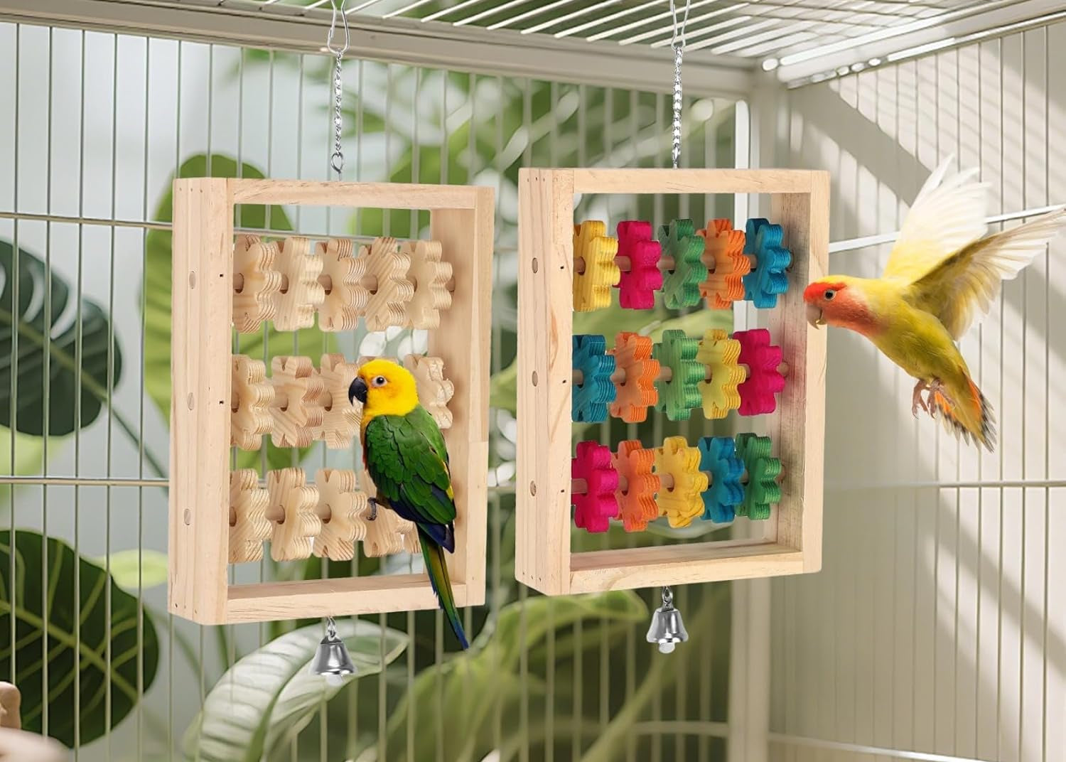 2 PCS Wooden Bird Toys, Colorful Hanging Parrot Chew Puzzle with Rotating Blocks and Bell, Natural Wood Enrichment Training Toy for Budgie Conure Lovebird Cockatoo African Grey Macaw