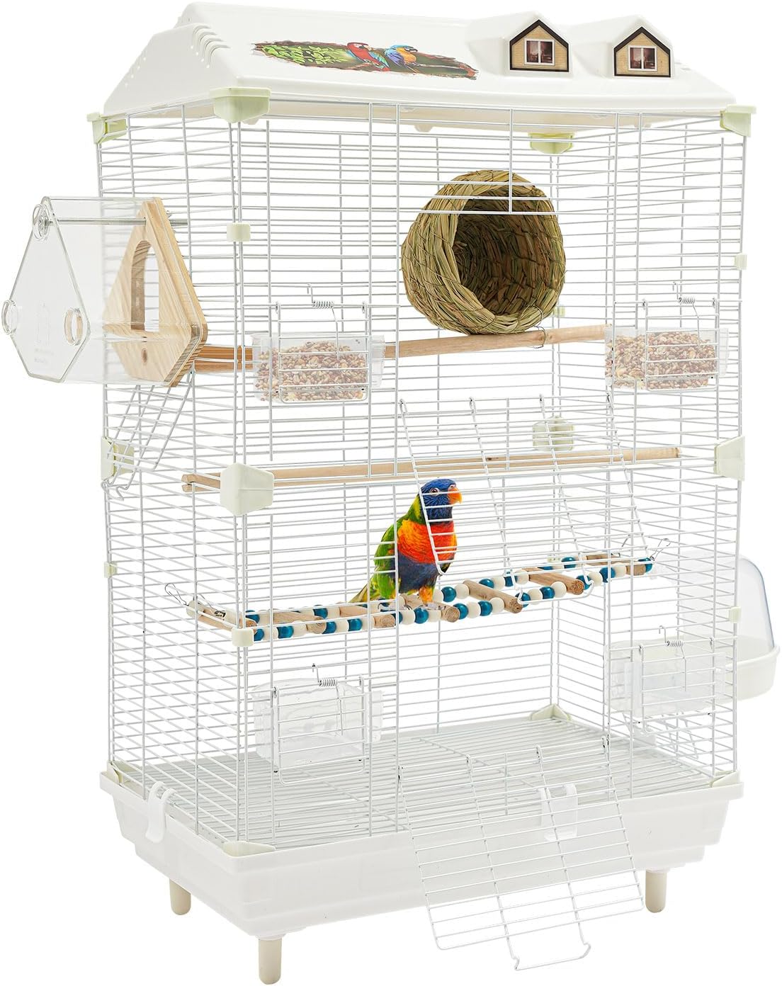 Two-Tier Bird Cage, 30 Inch Pigeons Parrot Birdcage with Safe Rotary Door Lock, White Parakeet Cage for Small to Medium Birds, Easy Access Double Doors. (A)