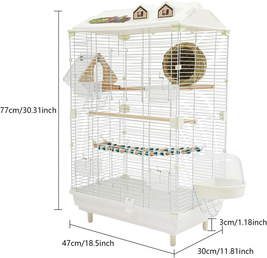 Two-Tier Bird Cage, 30 Inch Pigeons Parrot Birdcage with Safe Rotary Door Lock, White Parakeet Cage for Small to Medium Birds, Easy Access Double Doors. (A)