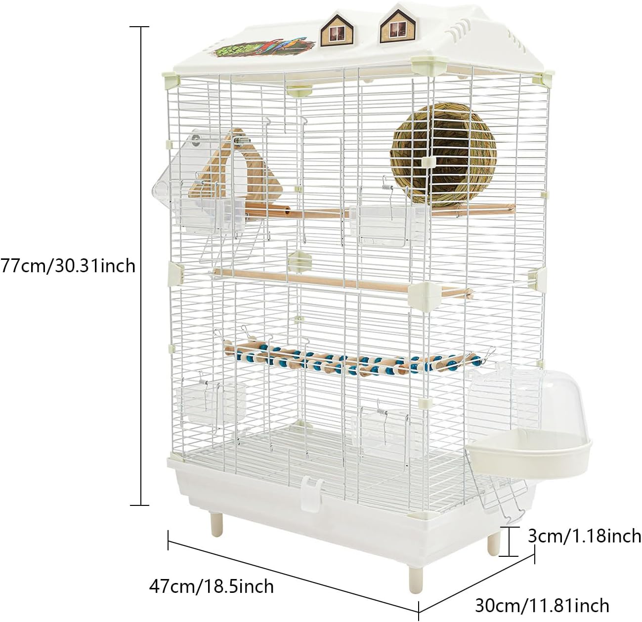Two-Tier Bird Cage, 30 Inch Pigeons Parrot Birdcage with Safe Rotary Door Lock, White Parakeet Cage for Small to Medium Birds, Easy Access Double Doors. (A)