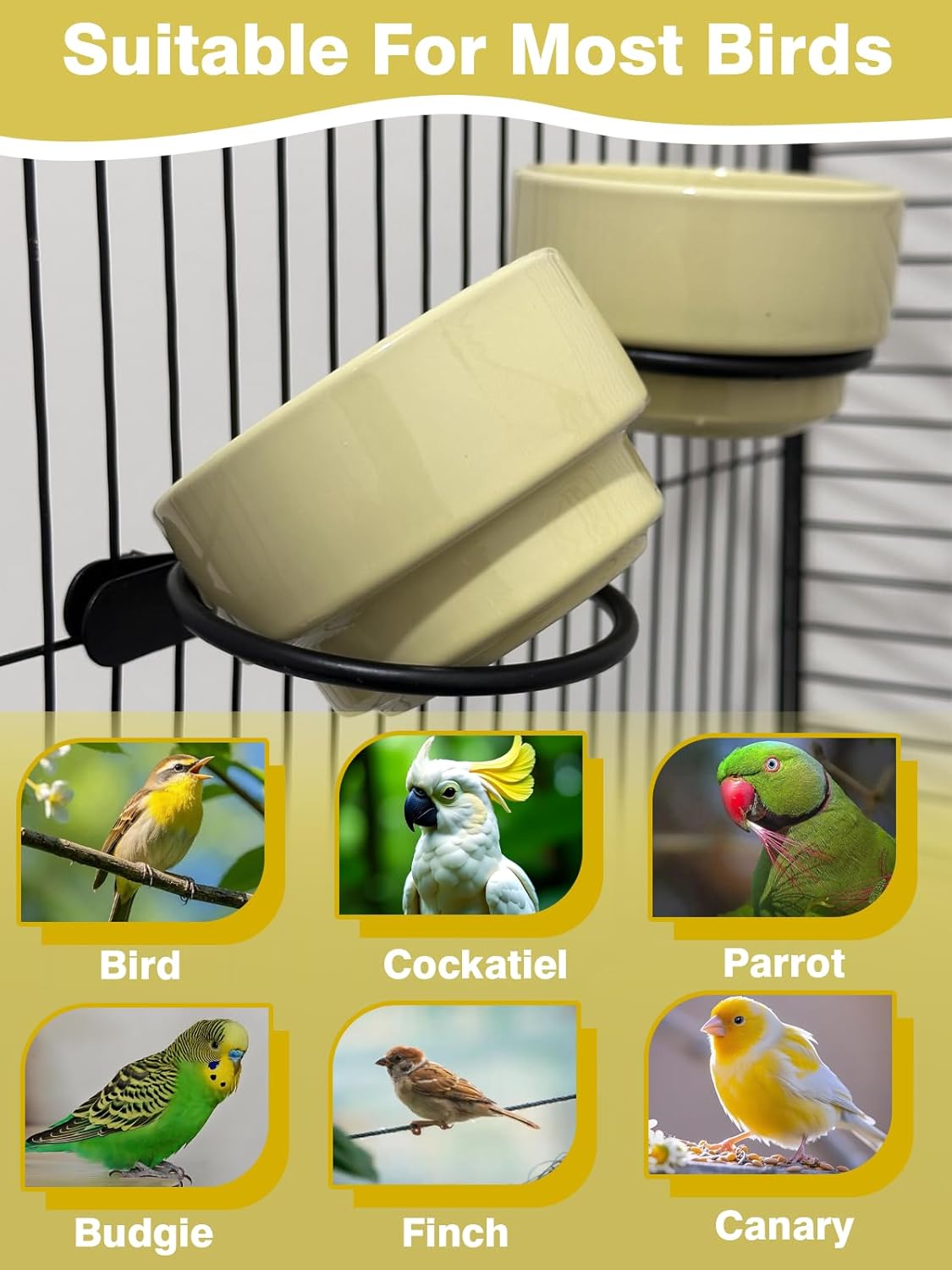 2PCS Ceramic Bird Cage Food Bowls Hanging Parrot Water Bowl Parakeet Feeding Dish Cups Lovebirds Cage Feeder for Budgie Finches Macaw Cockatiels (Yellow)