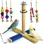 360° Rotating Bird Perch Stand - 4 Perches + 5 Colorful Chew Strand, Natural Bird Cage Accessories, for Small & Medium Birds Parakeets Cockatiels Lovebirds Budgies