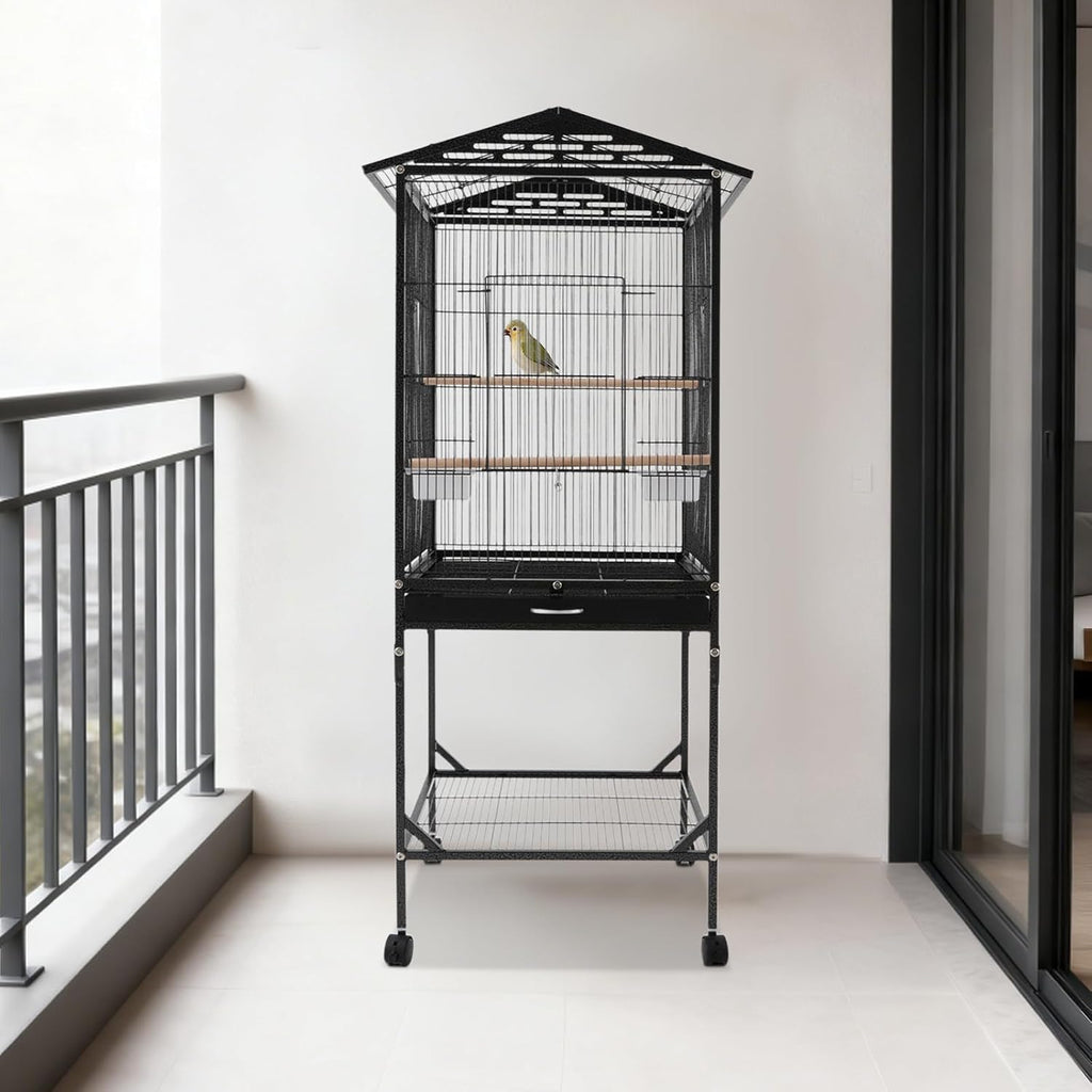 Extra Large Bird Cage, 54Inch Wrought Iron Bird Cage 360° Full Hollow Design with Universal Wheels for Parakeets Canaries Cockatiels Lovebirds 18.11×18.11×49.21 Inch (Black)