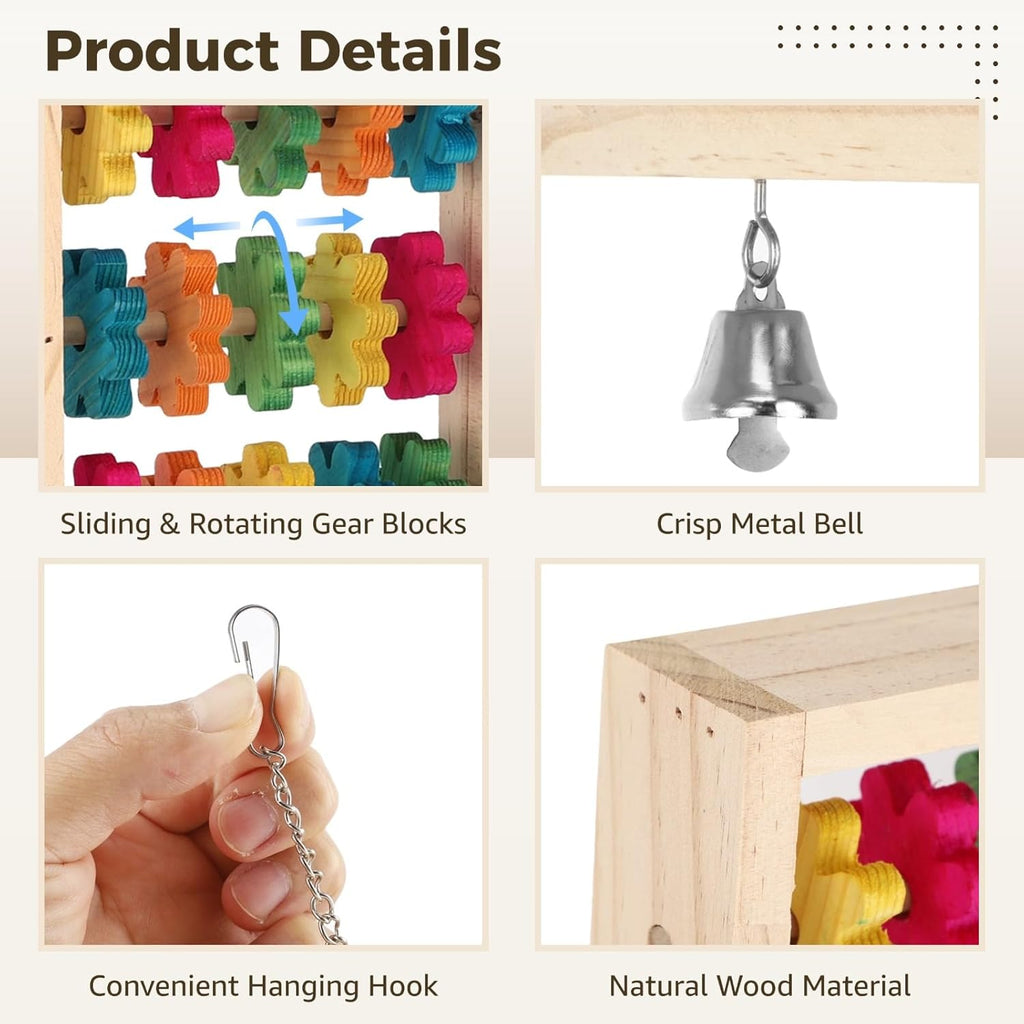 2 PCS Wooden Bird Toys, Colorful Hanging Parrot Chew Puzzle with Rotating Blocks and Bell, Natural Wood Enrichment Training Toy for Budgie Conure Lovebird Cockatoo African Grey Macaw