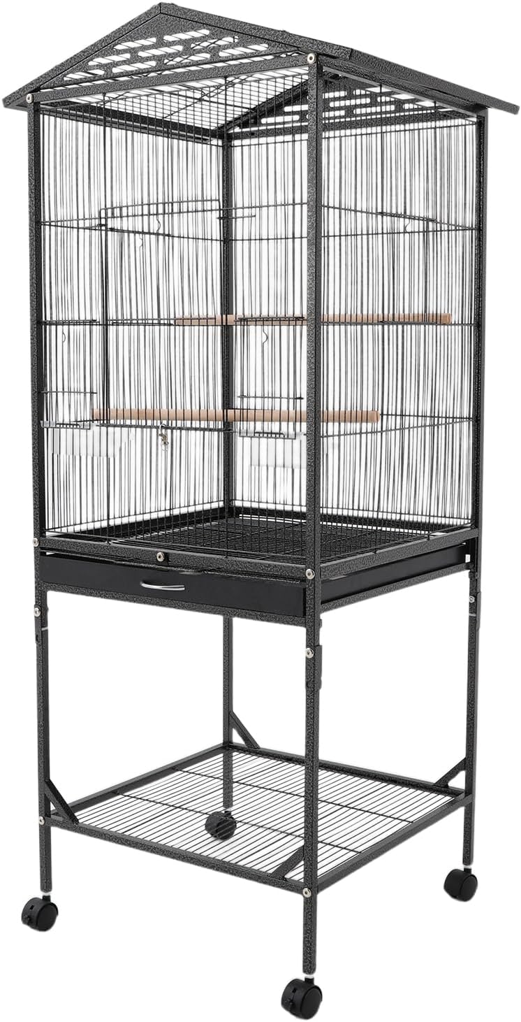 Extra Large Bird Cage, 54Inch Wrought Iron Bird Cage 360° Full Hollow Design with Universal Wheels for Parakeets Canaries Cockatiels Lovebirds 18.11×18.11×49.21 Inch (Black)