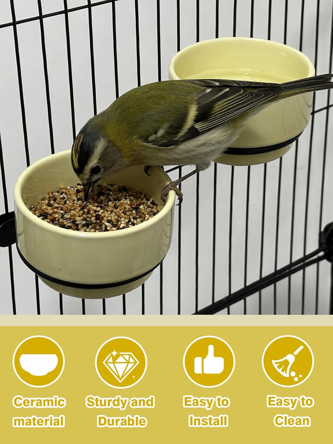 2PCS Ceramic Bird Cage Food Bowls Hanging Parrot Water Bowl Parakeet Feeding Dish Cups Lovebirds Cage Feeder for Budgie Finches Macaw Cockatiels (Yellow)
