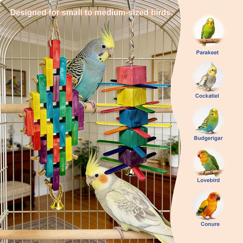 2Pcs Parrot Toys - Natural Wooden Blocks Bird Chewing Toys, Colorful Bird Cage Accessories for Parakeets Cockatiels Lovebirds Conures